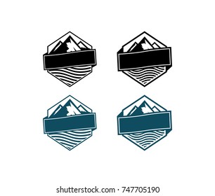 Mountain and River with Ribbon Hexagon Vintage logo