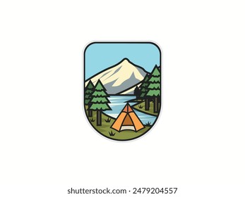  A mountain and River same trees Outdoor Adventure Camp Hiking Camping Vector Labels Emblems Logos Badges Stock Illustrations, Royalty-Free Vector eps 10