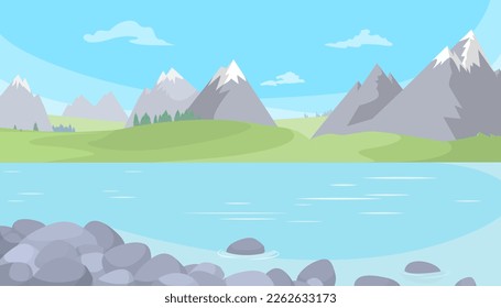 Mountain river scene. Flat landscape with rocks and water stream. Vector nature background. Beautiful cartoon panorama of spring or summer in highlands