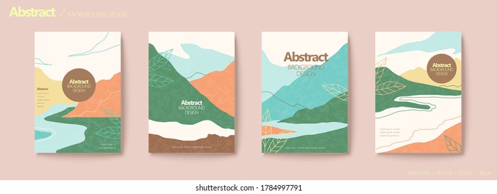 Mountain And River Scene Flyer Set With Line Style Leaf Decoration