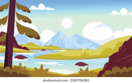 Ilustración del paisaje de los ríos de montaña en estilo plano