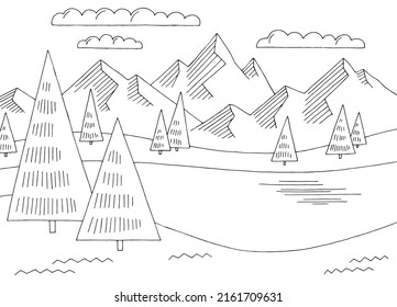 Mountain river simplicity graphic black white landscape sketch illustration vector