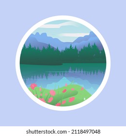 Berg- und Flusslandschaft mit Blumen für Banner, Website, soziale Medien. Bearbeitbare Vektorgrafik