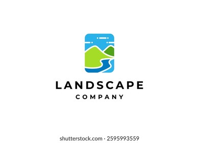 mountain and river spring landscape logo in vector design style flat template