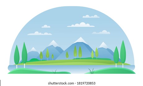 Mountain and river summer landscape vector illustration. Cartoon flat mountainous peaceful summertime scenery with scenic green grass riverbank, mountain snowy peaks on horizon isolated on white
