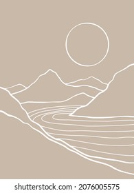 Mountain river and sun line art on beige color background