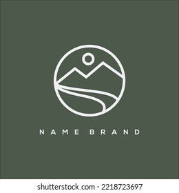 mountain, river and sun line art in circle vector logo