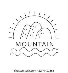 icono de montaña, río, vector de sol 
