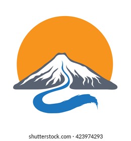 Mountain river and sun, vector logo illustration.