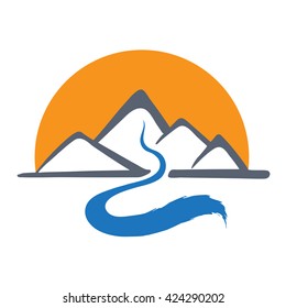 Mountain river and sun, vector logo illustration.