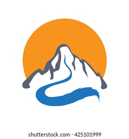 Mountain river and sun, vector logo illustration.