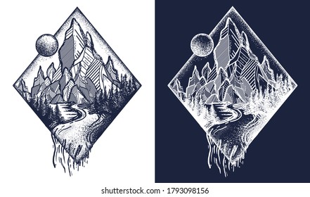 Mountain and river tattoo and t-shirt design. Meditation symbols, travel, tourism. Outdoors and tourism concept. Black and white vector graphics 