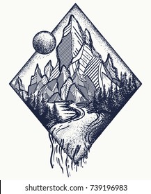 Mountain and river tattoo and t-shirt design. Meditation symbols, travel, tourism. Outdoors concept 