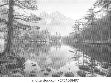 mountain river through forest in monochrome halftone texture with layered trees calm water and timeless wilderness atmosphere