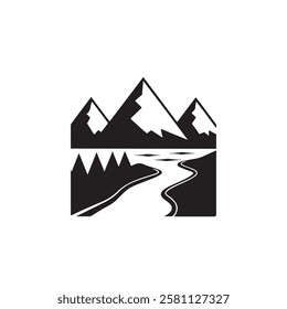Mountain and river Vector design with a landscape, A clip art of a river its way around a mountain. Vector mountain landscape with clean sky and calm river and pine trees silhouettes illustration.
