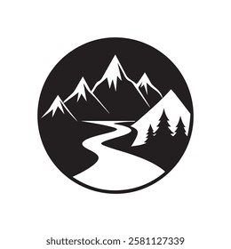 Mountain and river Vector design with a landscape, A clip art of a river its way around a mountain. Vector mountain landscape with clean sky and calm river and pine trees silhouettes illustration.