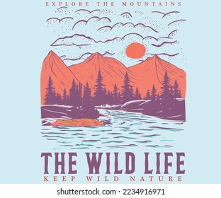 Mountain river vector graphic artwork. Adventure vintage print design for t shirt and others. National park graphic artwork for sticker, poster , background and others. 