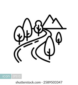 Mountain and river vector icon. Nature sign. Graph symbol for travel and tourism web site and apps design, logo, app, UI