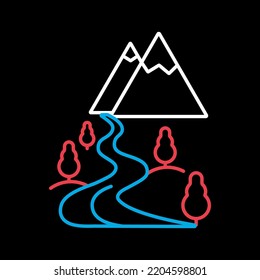 Mountain and river vector isolated on black background icon. Nature sign. Graph symbol for travel and tourism web site and apps design, logo, app, UI
