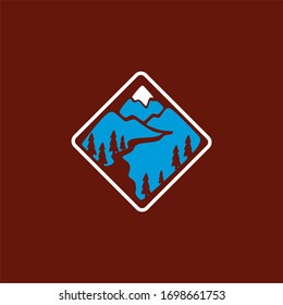 Gebirge und Fluss Vektorillustration Schild. Logopflaster und Aufkleber für Außenaufnahmen