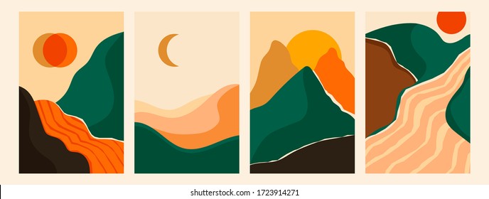 Mountain, river view. Hills, clouds, sun, moon. Paper cut style. Flat abstract design. Scandinavian style illustration. Set of four hand drawn trendy Vector illustrations. Cool Backgrounds
