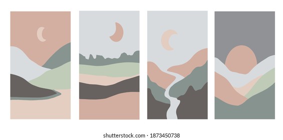 Mountain, river view. Hills, , sun, moon. Paper style. Flat abstract design. Scandinavian style illustration. Set of six hand drawn trendy Vector illustrations. Cool Backgrounds