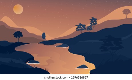 Mountain and mountain river view. Smooth mountain background. Active recreation and hiking concept. Night landscape. Vector illustration.