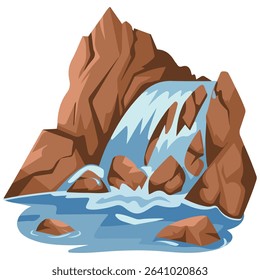 Mountain river waterfall scenery isolated vector illustration on white background