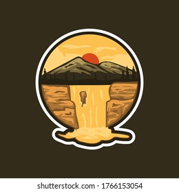Mountain River Waterfall View Nature Badges Stricker Illustration