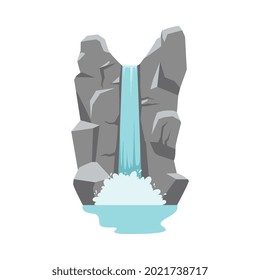 El arroyo de agua de las cascadas de los ríos de montaña cae desde la roca entre las piedras. Elemento de paisaje natural para el diseño de juegos, web o paisajes de viaje. Ilustración vectorial de dibujos animados planos.