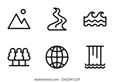 mountain, river, wave, forest, earth, waterfall icon set