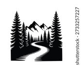 Mountain Road Adventure Vector Illustration, Minimalist Silhouette of Highway Through Pine Forest and Mountain Peaks for Travel Logo, Hiking Badge and Outdoor Branding