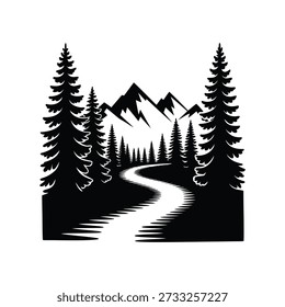 Mountain Road Adventure Vector Illustration, Minimalist Silhouette of Highway Through Pine Forest and Mountain Peaks for Travel Logo, Hiking Badge and Outdoor Branding
