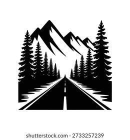 Mountain Road Adventure Vector, Minimalist Silhouette Illustration of Highway Through Pine Forest and Peaks for Travel Logo, Hiking Badge, and Outdoor Branding
