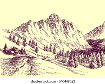 Mountain road, alpine scene illustration