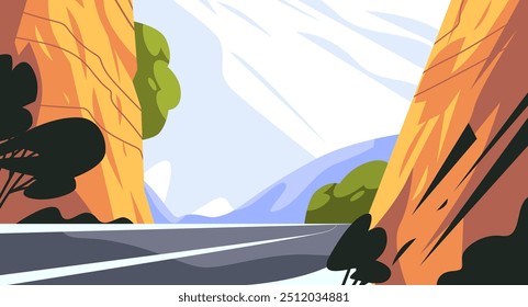 Mountain road between cliffs and trees with blue sky and clouds landscape