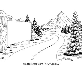 Mountain road billboard graphic black white landscape sketch illustration vector