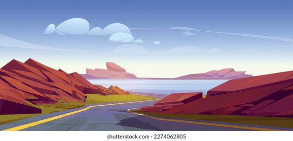 Mountain road cartoon landscape background. Nature and sky with cloud scenery illustration. Asphalt highway in rocky valley trip near lake panoramic view. Roadside on travel route to turn to river.