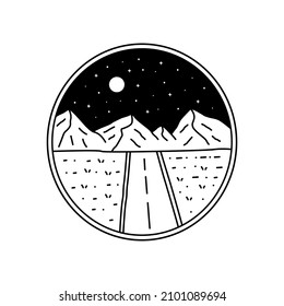 Mountain and road design at starry night in mono line art ,badge patch pin graphic illustration, vector art t-shirt design
