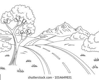Mountain road graphic black white landscape sketch illustration vector