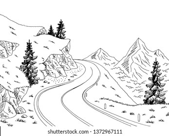 Mountain road graphic black white landscape sketch illustration vector