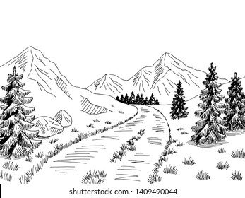 Mountain road graphic black white landscape sketch illustration vector