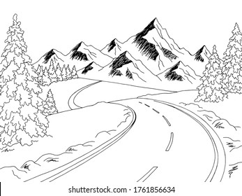 Mountain road graphic black white winter landscape sketch illustration vector