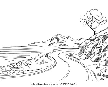 Mountain road graphic black white landscape sketch illustration vector