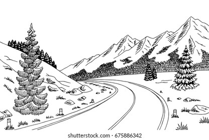 Mountain road graphic black white landscape sketch illustration vector