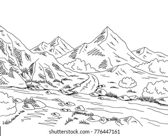 Mountain road graphic black white river ford landscape sketch illustration vector