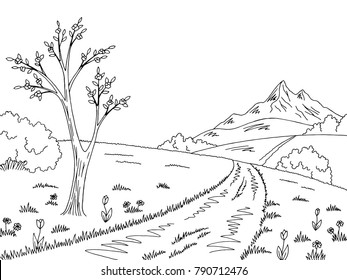 Mountain road graphic black white spring landscape sketch illustration vector