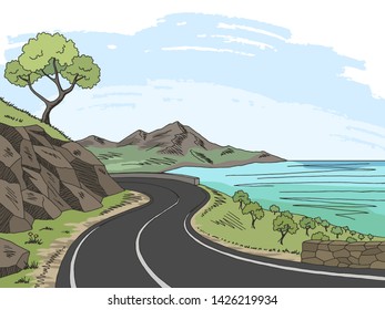 Mountain road graphic color landscape sketch illustration vector