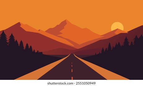 Mountain road illuminated by the warm hues of sunset, showcasing nature's beauty and tranquility flat vector illustration.