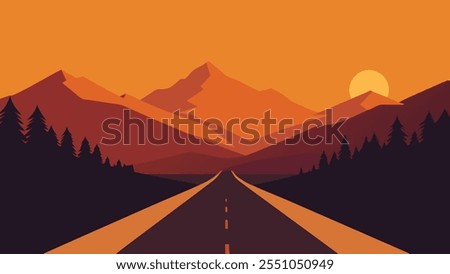 Mountain road illuminated by the warm hues of sunset, showcasing nature's beauty and tranquility flat vector illustration.